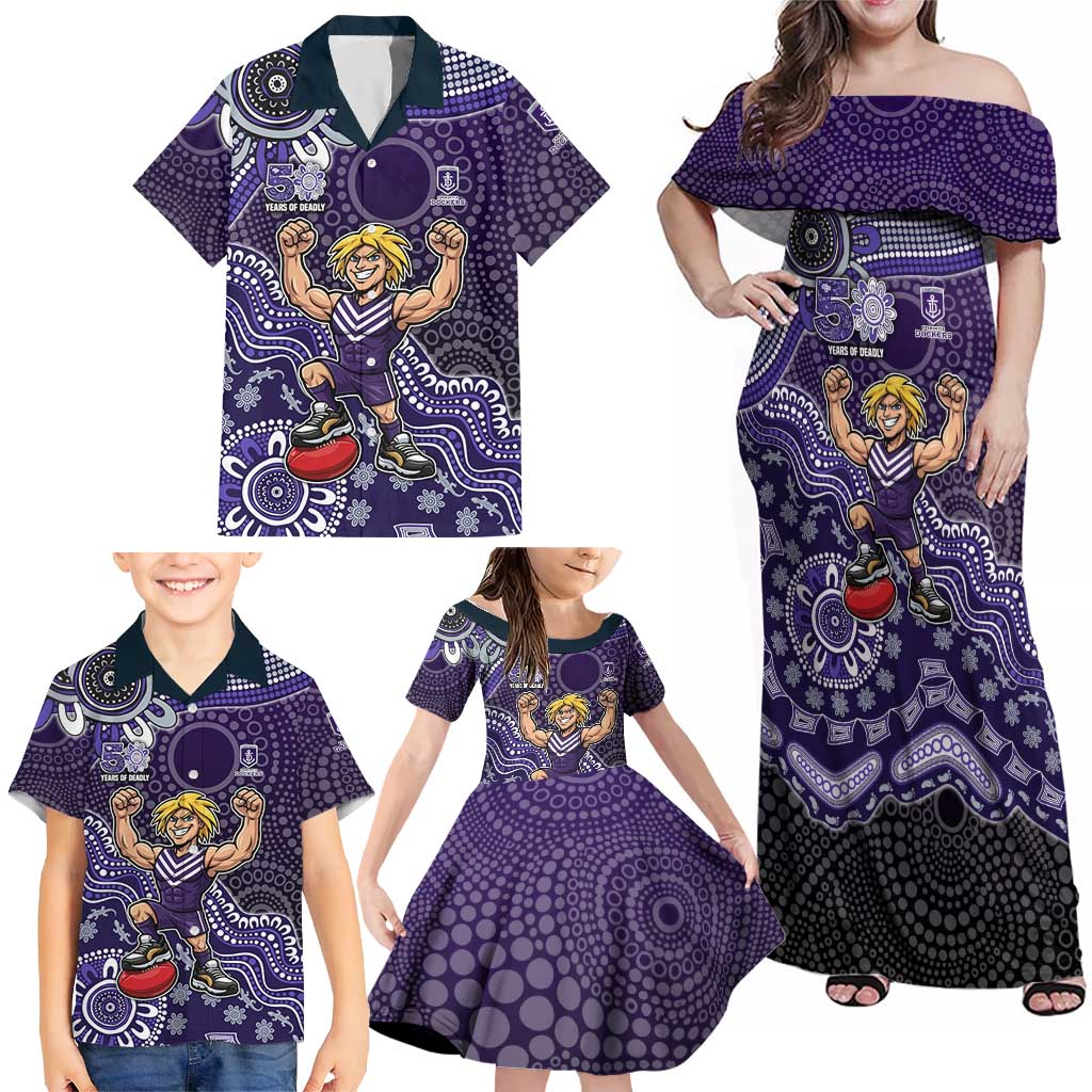 Personalized Freo Football Mascot Family Matching Off Shoulder Maxi Dress and Hawaiian Shirt Aboriginal Dot Art Style Vibrant Indigenous Pattern Design