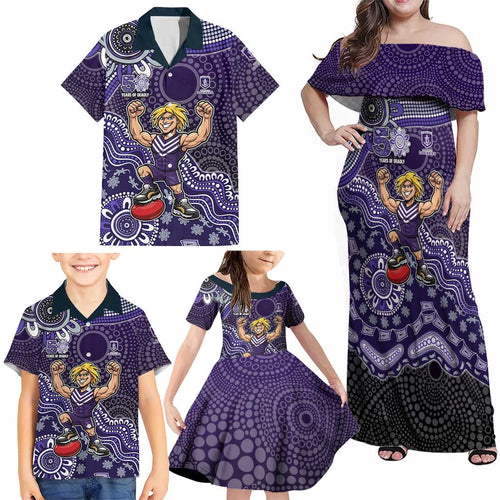 Personalized Freo Football Mascot Family Matching Off Shoulder Maxi Dress and Hawaiian Shirt Aboriginal Dot Art Style Vibrant Indigenous Pattern Design