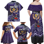 Personalized Freo Football Mascot Family Matching Off Shoulder Maxi Dress and Hawaiian Shirt Aboriginal Dot Art Style Vibrant Indigenous Pattern Design