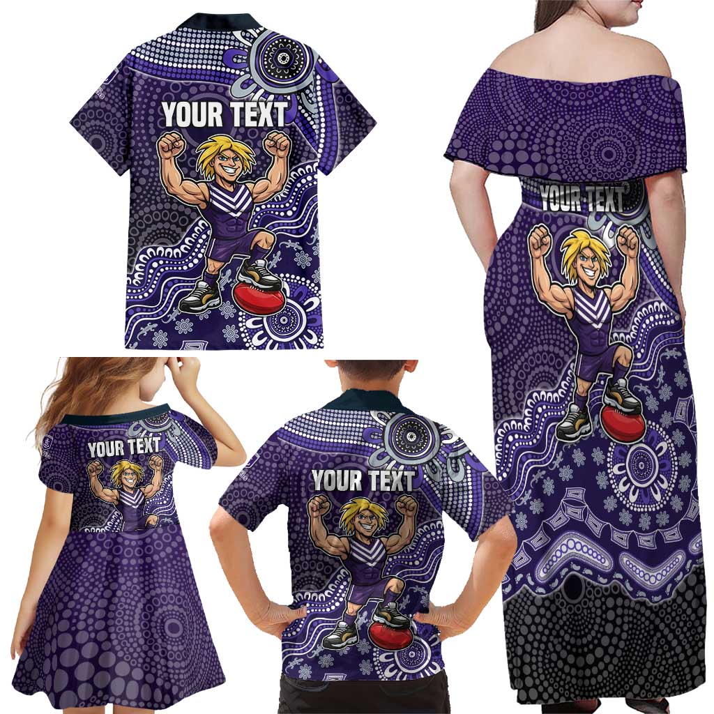 Personalized Freo Football Mascot Family Matching Off Shoulder Maxi Dress and Hawaiian Shirt Aboriginal Dot Art Style Vibrant Indigenous Pattern Design