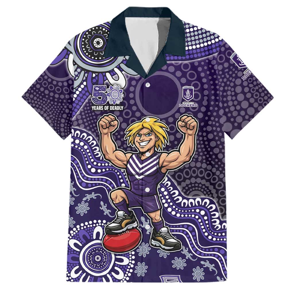 Personalized Freo Football Mascot Family Matching Off Shoulder Maxi Dress and Hawaiian Shirt Aboriginal Dot Art Style Vibrant Indigenous Pattern Design