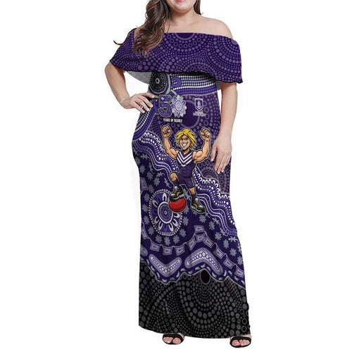 Personalized Freo Football Mascot Family Matching Off Shoulder Maxi Dress and Hawaiian Shirt Aboriginal Dot Art Style Vibrant Indigenous Pattern Design