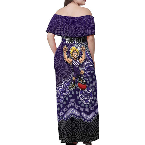 Personalized Freo Football Mascot Family Matching Off Shoulder Maxi Dress and Hawaiian Shirt Aboriginal Dot Art Style Vibrant Indigenous Pattern Design