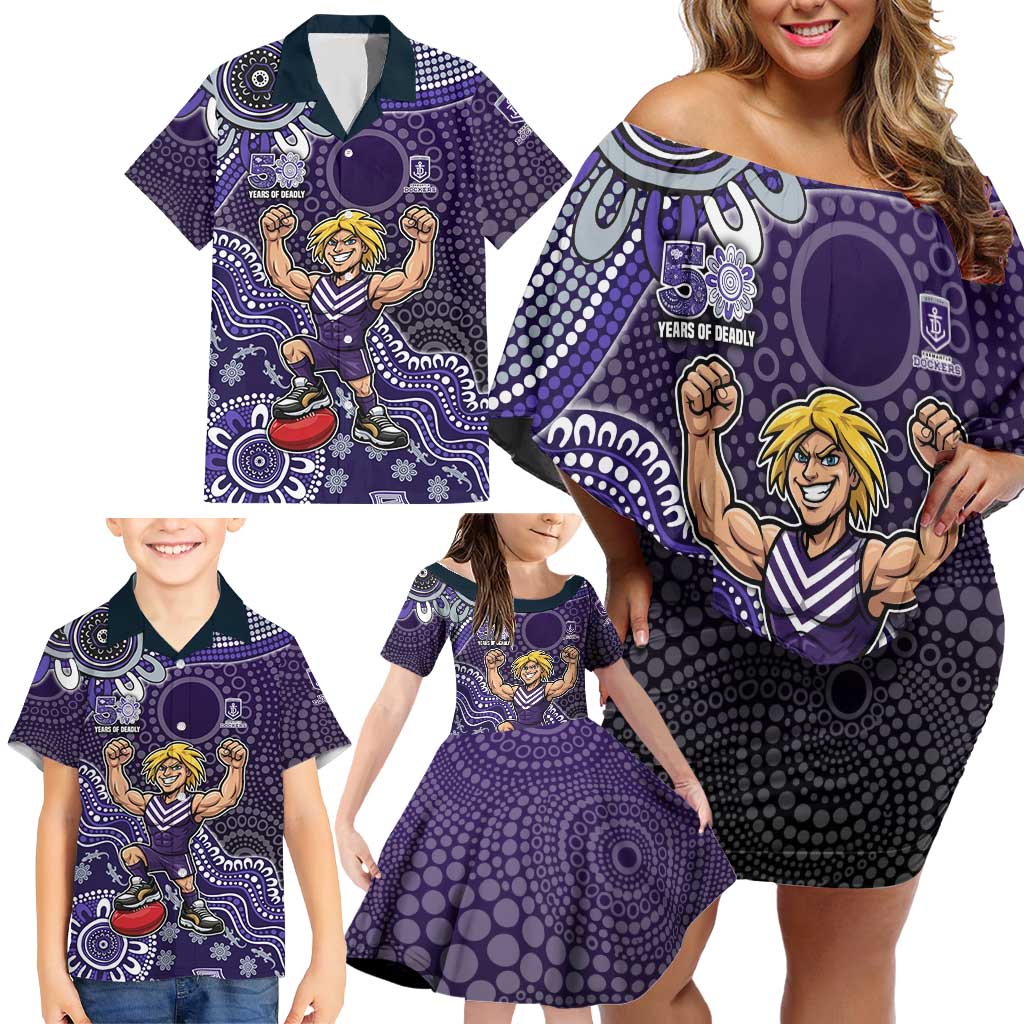 Personalized Freo Football Mascot Family Matching Off Shoulder Short Dress and Hawaiian Shirt Aboriginal Dot Art Style Vibrant Indigenous Pattern Design