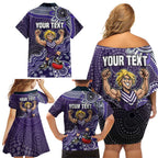 Personalized Freo Football Mascot Family Matching Off Shoulder Short Dress and Hawaiian Shirt Aboriginal Dot Art Style Vibrant Indigenous Pattern Design
