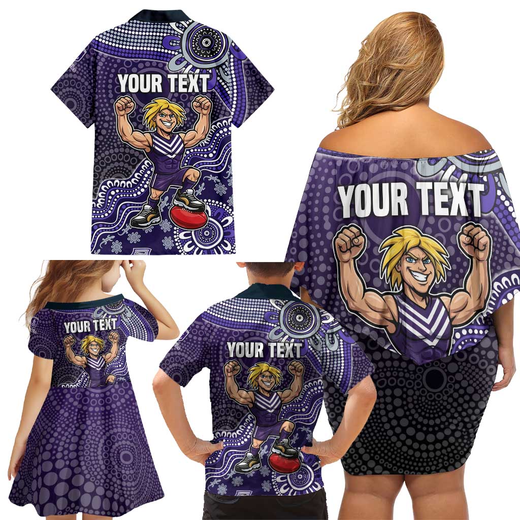 Personalized Freo Football Mascot Family Matching Off Shoulder Short Dress and Hawaiian Shirt Aboriginal Dot Art Style Vibrant Indigenous Pattern Design