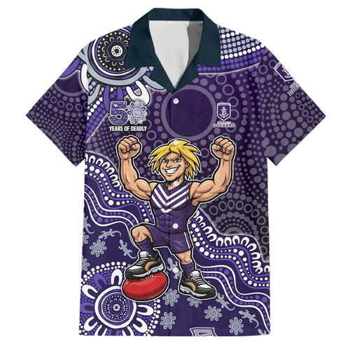 Personalized Freo Football Mascot Family Matching Off Shoulder Short Dress and Hawaiian Shirt Aboriginal Dot Art Style Vibrant Indigenous Pattern Design