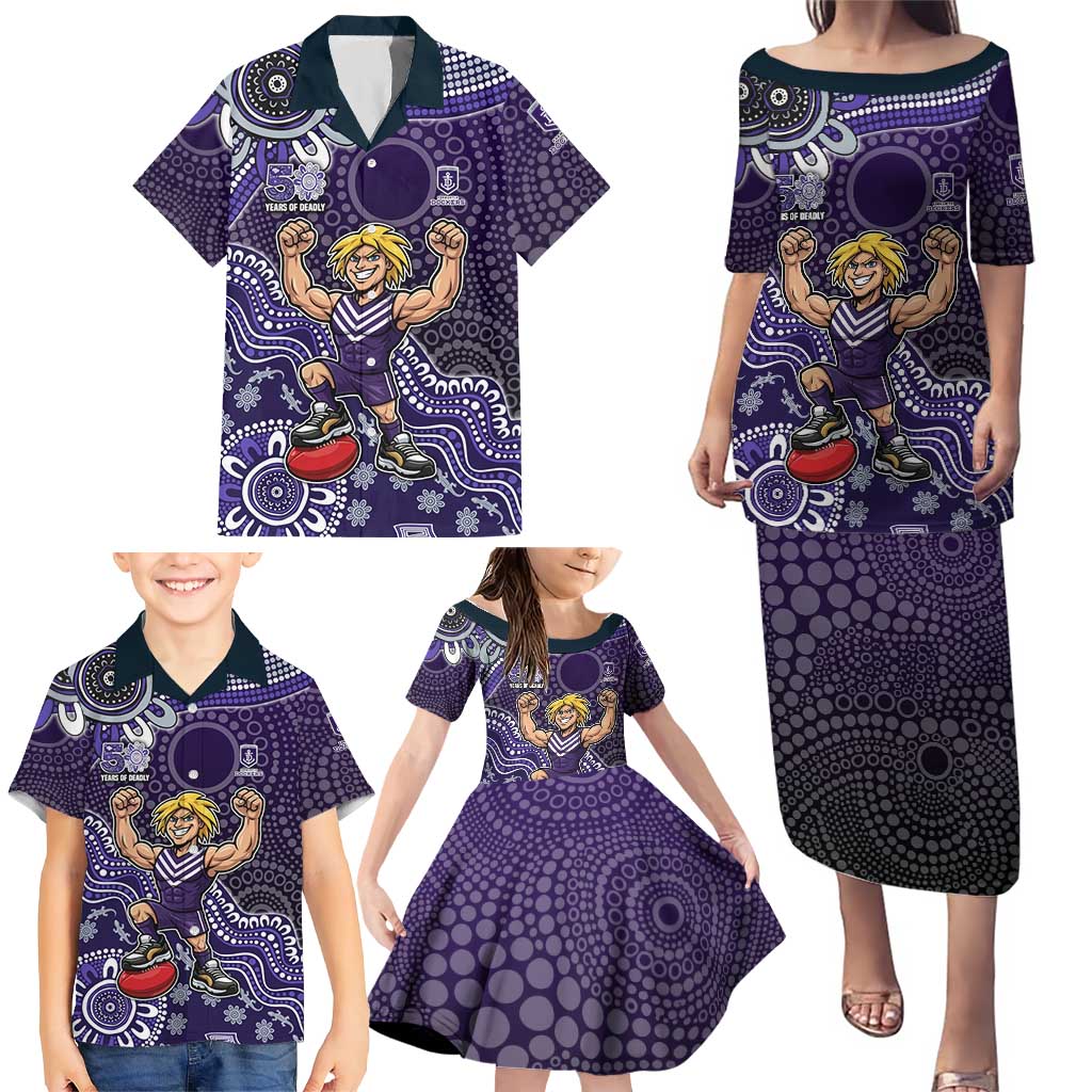 Personalized Freo Football Mascot Family Matching Puletasi and Hawaiian Shirt Aboriginal Dot Art Style Vibrant Indigenous Pattern Design