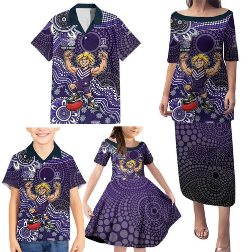 Personalized Freo Football Mascot Family Matching Puletasi and Hawaiian Shirt Aboriginal Dot Art Style Vibrant Indigenous Pattern Design