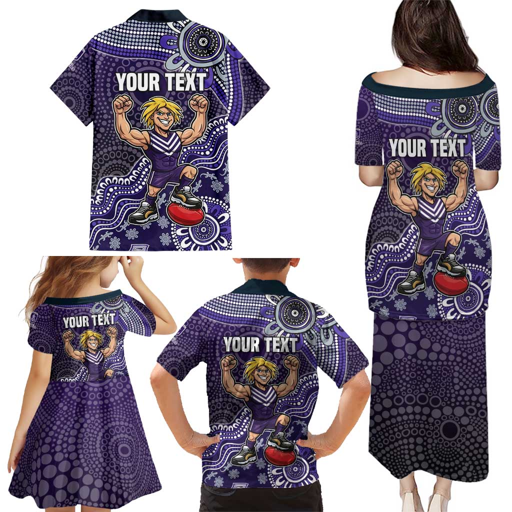 Personalized Freo Football Mascot Family Matching Puletasi and Hawaiian Shirt Aboriginal Dot Art Style Vibrant Indigenous Pattern Design