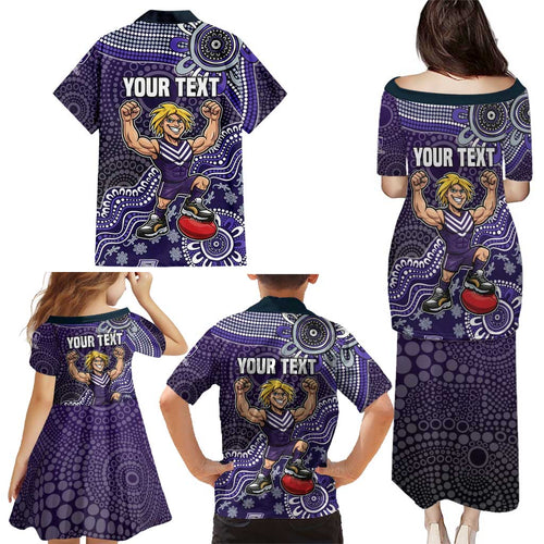 Personalized Freo Football Mascot Family Matching Puletasi and Hawaiian Shirt Aboriginal Dot Art Style Vibrant Indigenous Pattern Design
