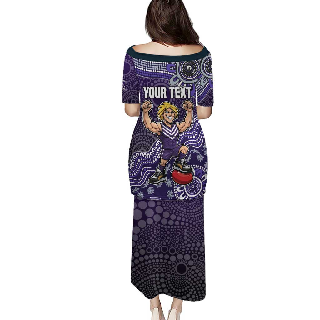 Personalized Freo Football Mascot Family Matching Puletasi and Hawaiian Shirt Aboriginal Dot Art Style Vibrant Indigenous Pattern Design