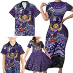 Personalized Freo Football Mascot Family Matching Short Sleeve Bodycon Dress and Hawaiian Shirt Aboriginal Dot Art Style Vibrant Indigenous Pattern Design