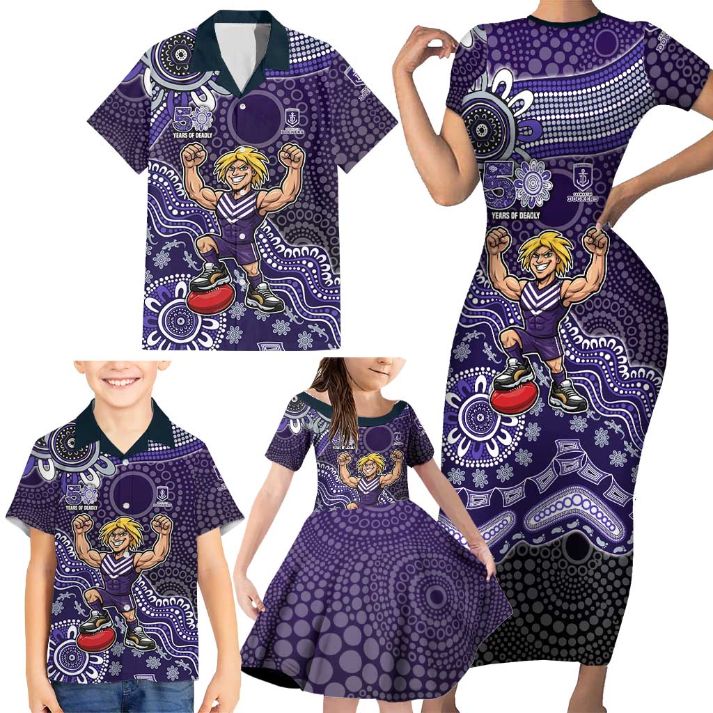 Personalized Freo Football Mascot Family Matching Short Sleeve Bodycon Dress and Hawaiian Shirt Aboriginal Dot Art Style Vibrant Indigenous Pattern Design