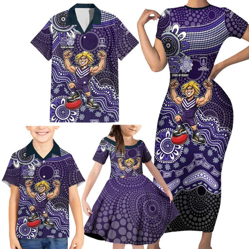 Personalized Freo Football Mascot Family Matching Short Sleeve Bodycon Dress and Hawaiian Shirt Aboriginal Dot Art Style Vibrant Indigenous Pattern Design
