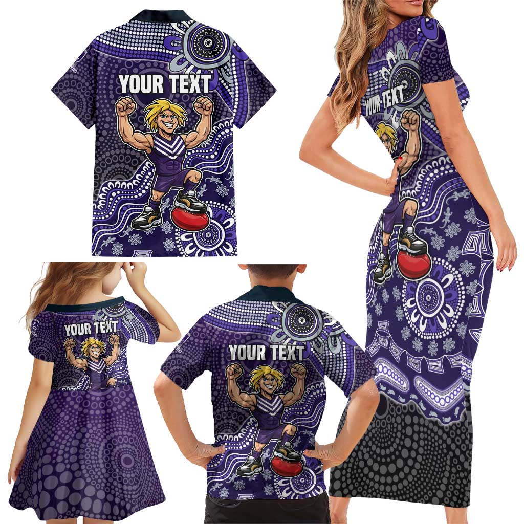 Personalized Freo Football Mascot Family Matching Short Sleeve Bodycon Dress and Hawaiian Shirt Aboriginal Dot Art Style Vibrant Indigenous Pattern Design