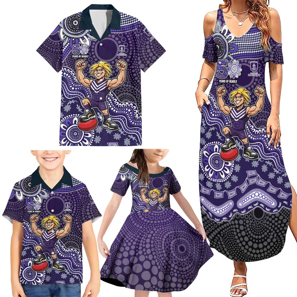 Personalized Freo Football Mascot Family Matching Summer Maxi Dress and Hawaiian Shirt Aboriginal Dot Art Style Vibrant Indigenous Pattern Design