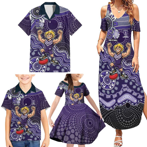 Personalized Freo Football Mascot Family Matching Summer Maxi Dress and Hawaiian Shirt Aboriginal Dot Art Style Vibrant Indigenous Pattern Design