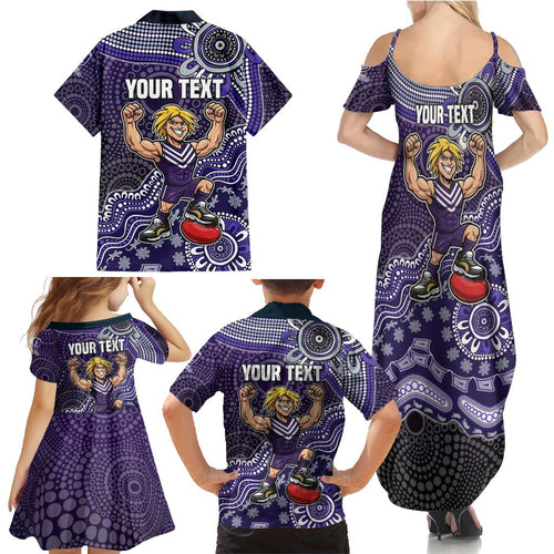 Personalized Freo Football Mascot Family Matching Summer Maxi Dress and Hawaiian Shirt Aboriginal Dot Art Style Vibrant Indigenous Pattern Design