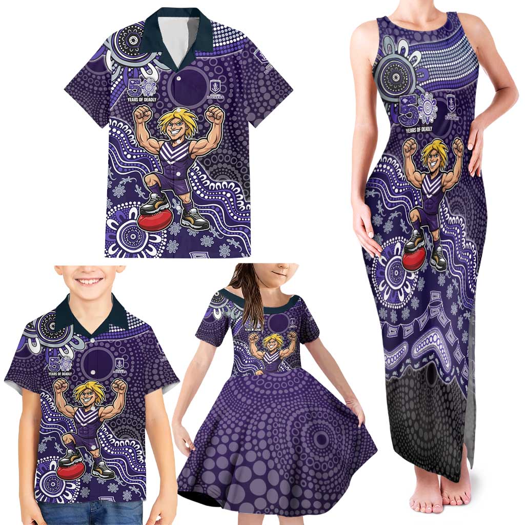 Personalized Freo Football Mascot Family Matching Tank Maxi Dress and Hawaiian Shirt Aboriginal Dot Art Style Vibrant Indigenous Pattern Design