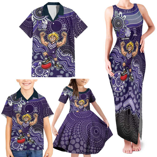 Personalized Freo Football Mascot Family Matching Tank Maxi Dress and Hawaiian Shirt Aboriginal Dot Art Style Vibrant Indigenous Pattern Design
