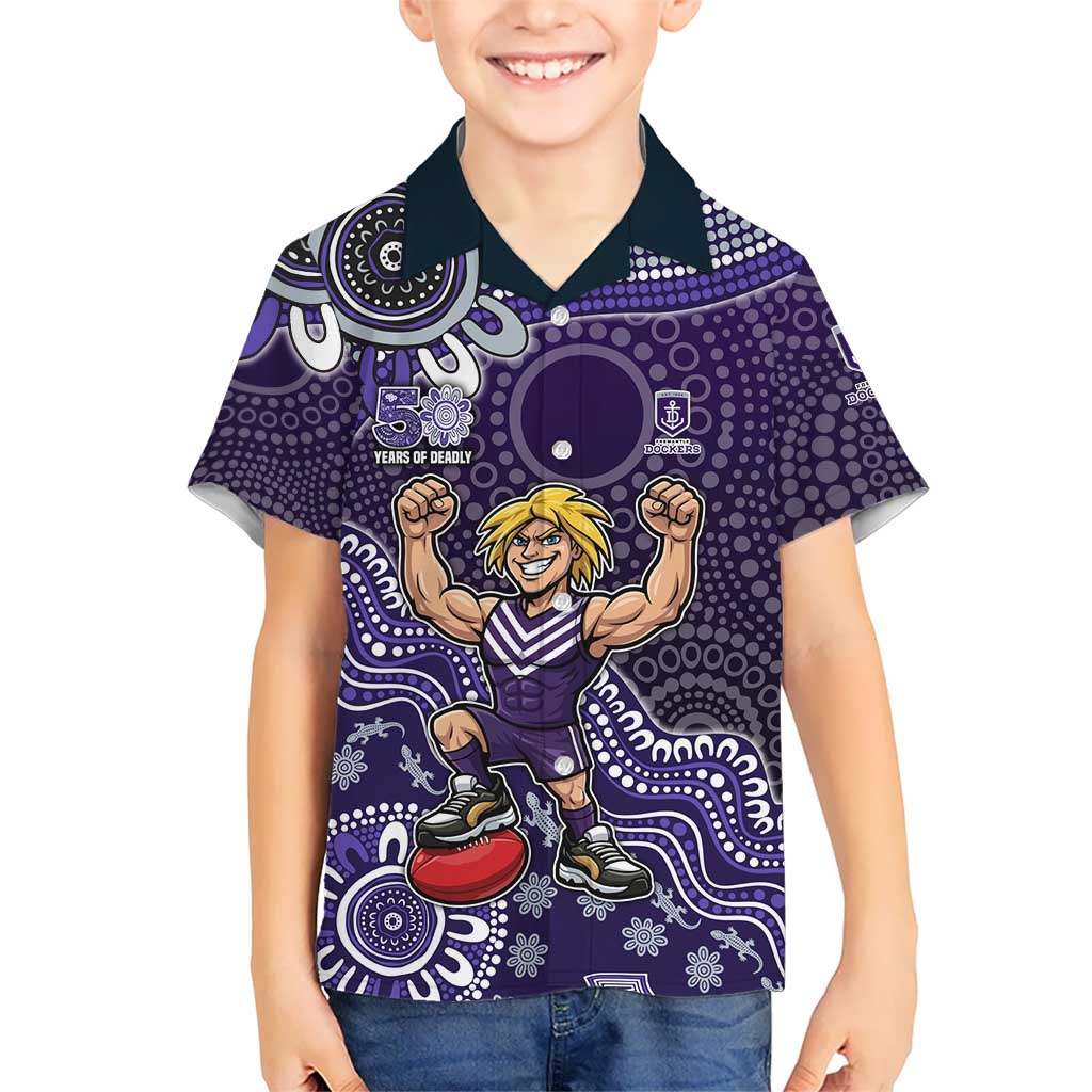 Personalized Freo Football Mascot Kid Hawaiian Shirt Aboriginal Dot Art Style Vibrant Indigenous Pattern Design