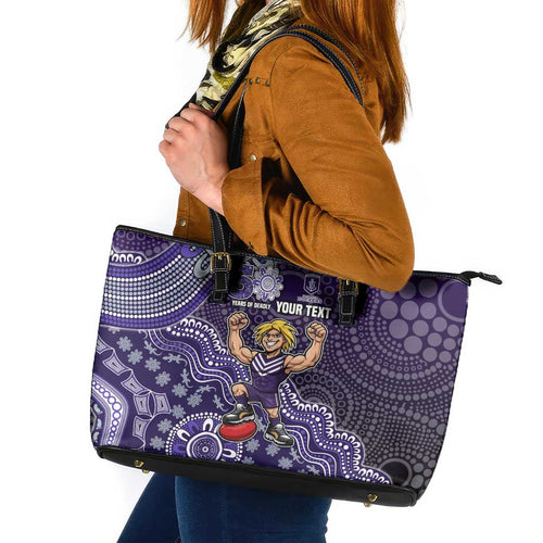 Personalized Freo Football Mascot Leather Tote Bag Aboriginal Dot Art Style Vibrant Indigenous Pattern Design