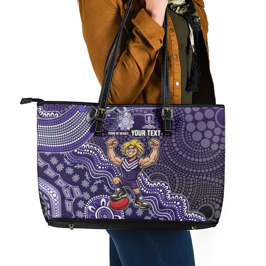 Personalized Freo Football Mascot Leather Tote Bag Aboriginal Dot Art Style Vibrant Indigenous Pattern Design
