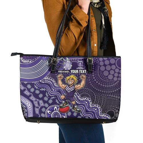 Personalized Freo Football Mascot Leather Tote Bag Aboriginal Dot Art Style Vibrant Indigenous Pattern Design