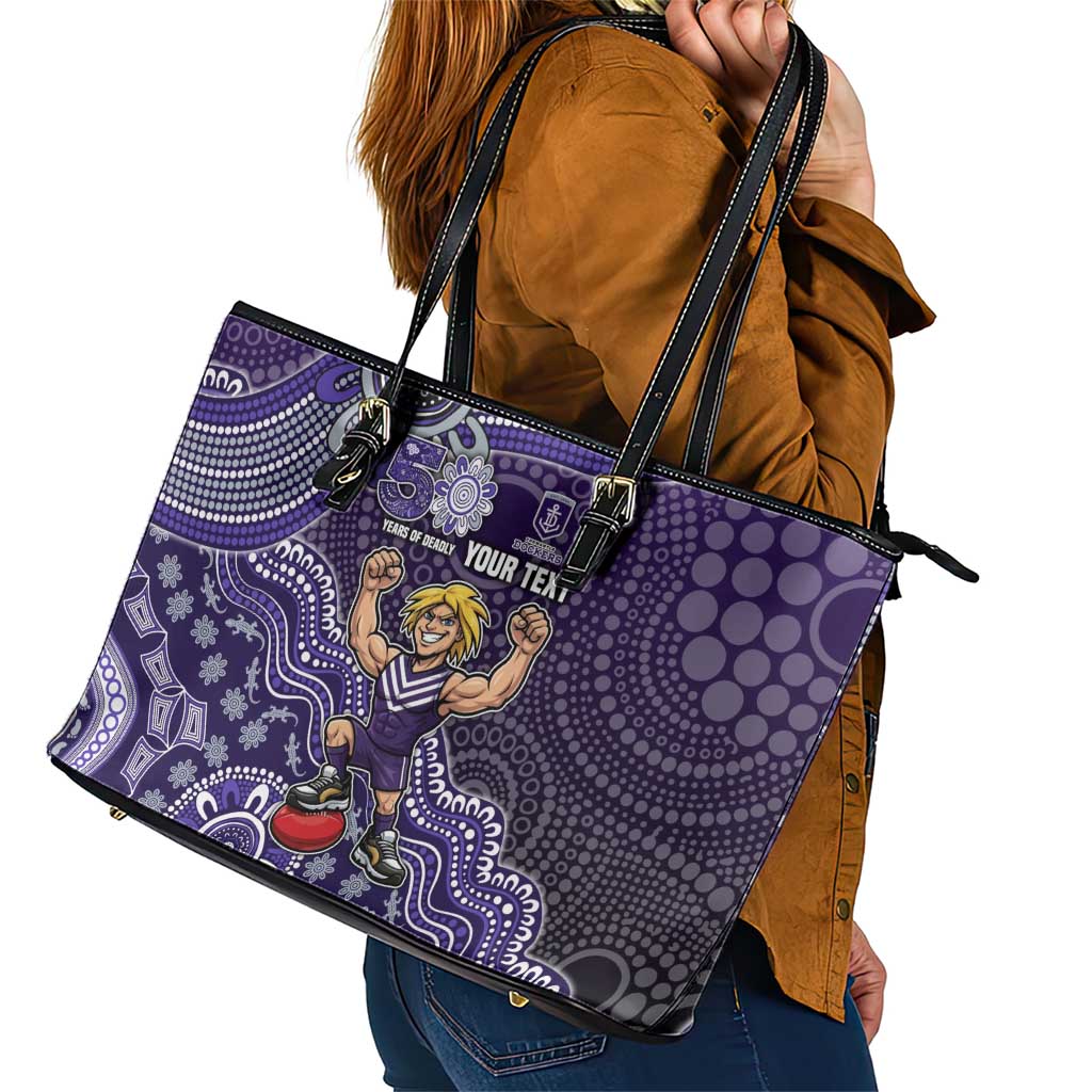 Personalized Freo Football Mascot Leather Tote Bag Aboriginal Dot Art Style Vibrant Indigenous Pattern Design