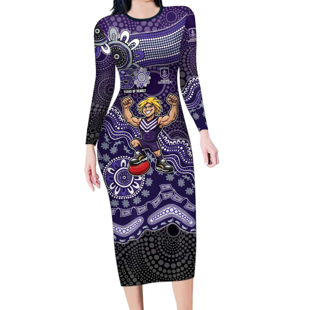Personalized Freo Football Mascot Long Sleeve Bodycon Dress Aboriginal Dot Art Style Vibrant Indigenous Pattern Design
