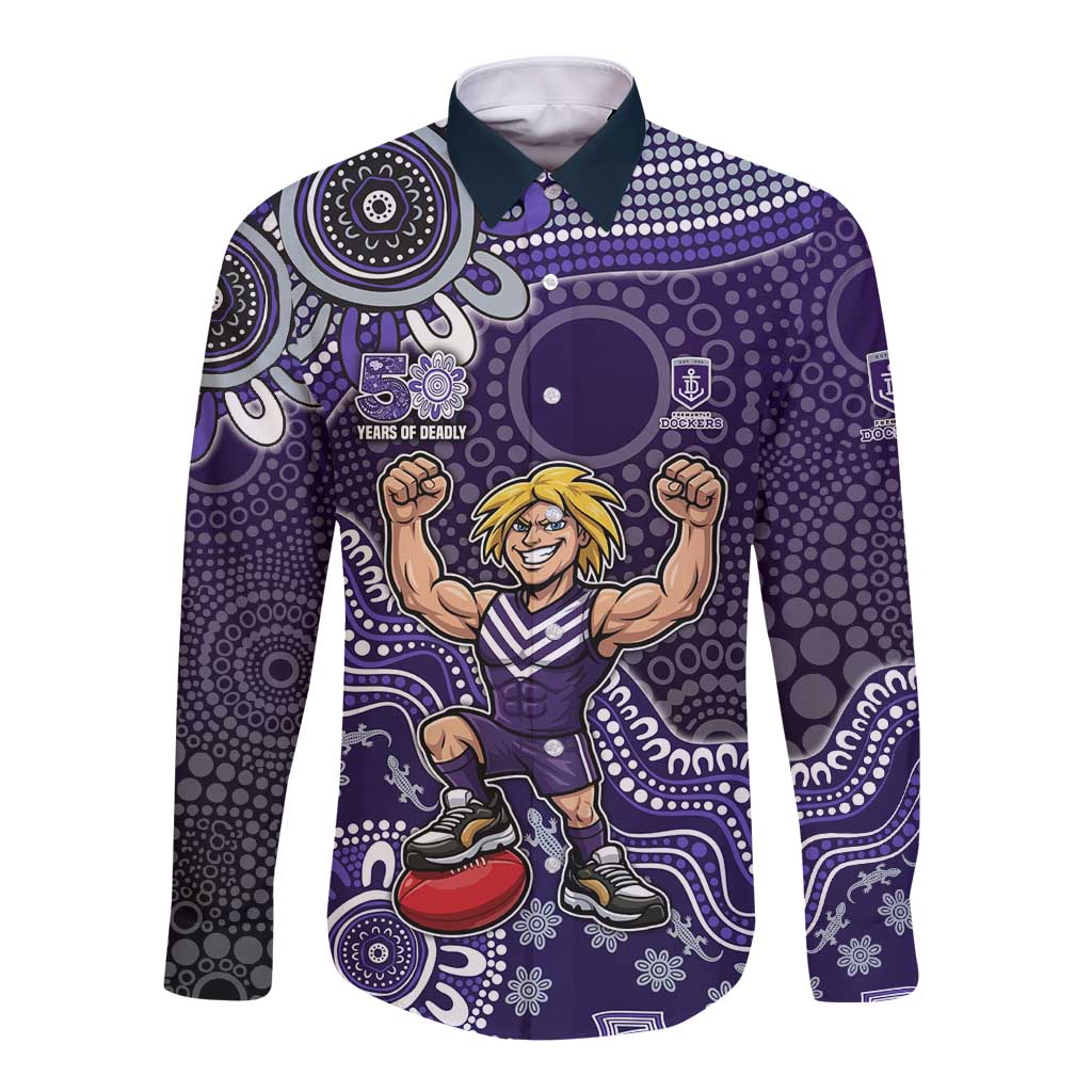 Personalized Freo Football Mascot Long Sleeve Button Shirt Aboriginal Dot Art Style Vibrant Indigenous Pattern Design
