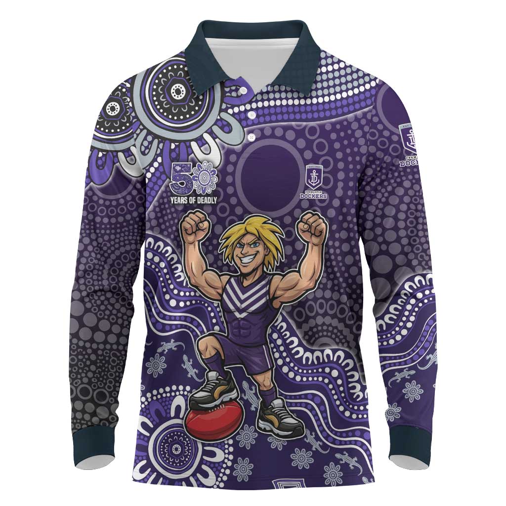 Personalized Freo Football Mascot Long Sleeve Polo Shirt Aboriginal Dot Art Style Vibrant Indigenous Pattern Design
