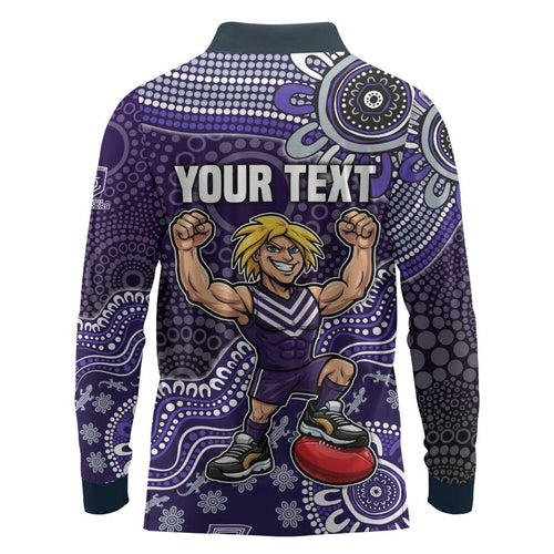Personalized Freo Football Mascot Long Sleeve Polo Shirt Aboriginal Dot Art Style Vibrant Indigenous Pattern Design