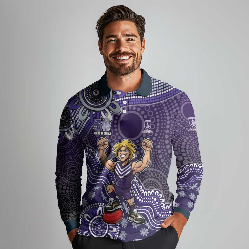 Personalized Freo Football Mascot Long Sleeve Polo Shirt Aboriginal Dot Art Style Vibrant Indigenous Pattern Design