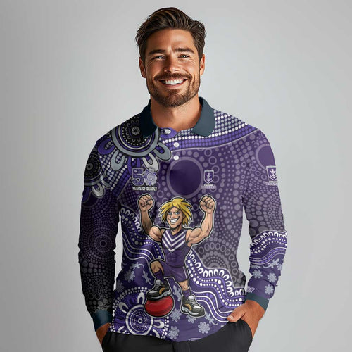 Personalized Freo Football Mascot Long Sleeve Polo Shirt Aboriginal Dot Art Style Vibrant Indigenous Pattern Design