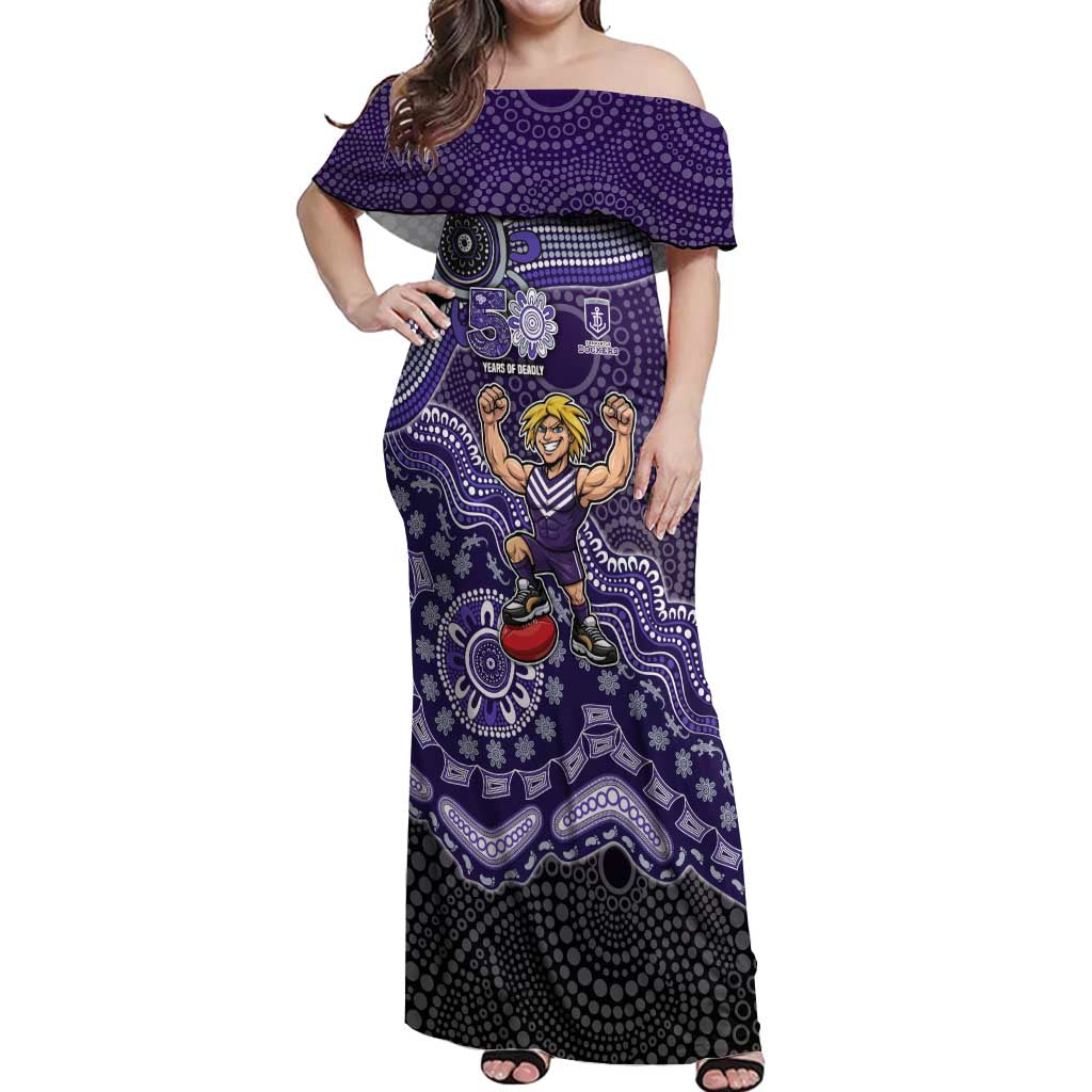 Personalized Freo Football Mascot Off Shoulder Maxi Dress Aboriginal Dot Art Style Vibrant Indigenous Pattern Design