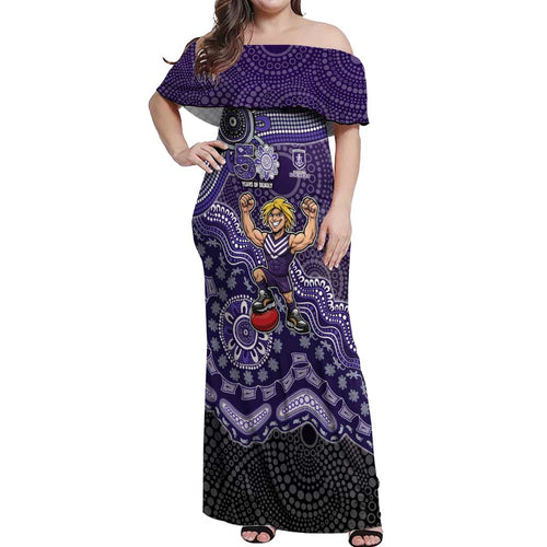 Personalized Freo Football Mascot Off Shoulder Maxi Dress Aboriginal Dot Art Style Vibrant Indigenous Pattern Design
