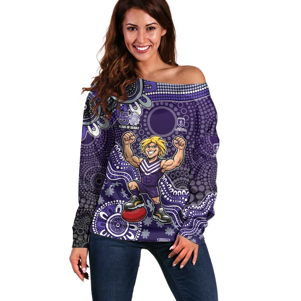 Personalized Freo Football Mascot Off Shoulder Sweater Aboriginal Dot Art Style Vibrant Indigenous Pattern Design