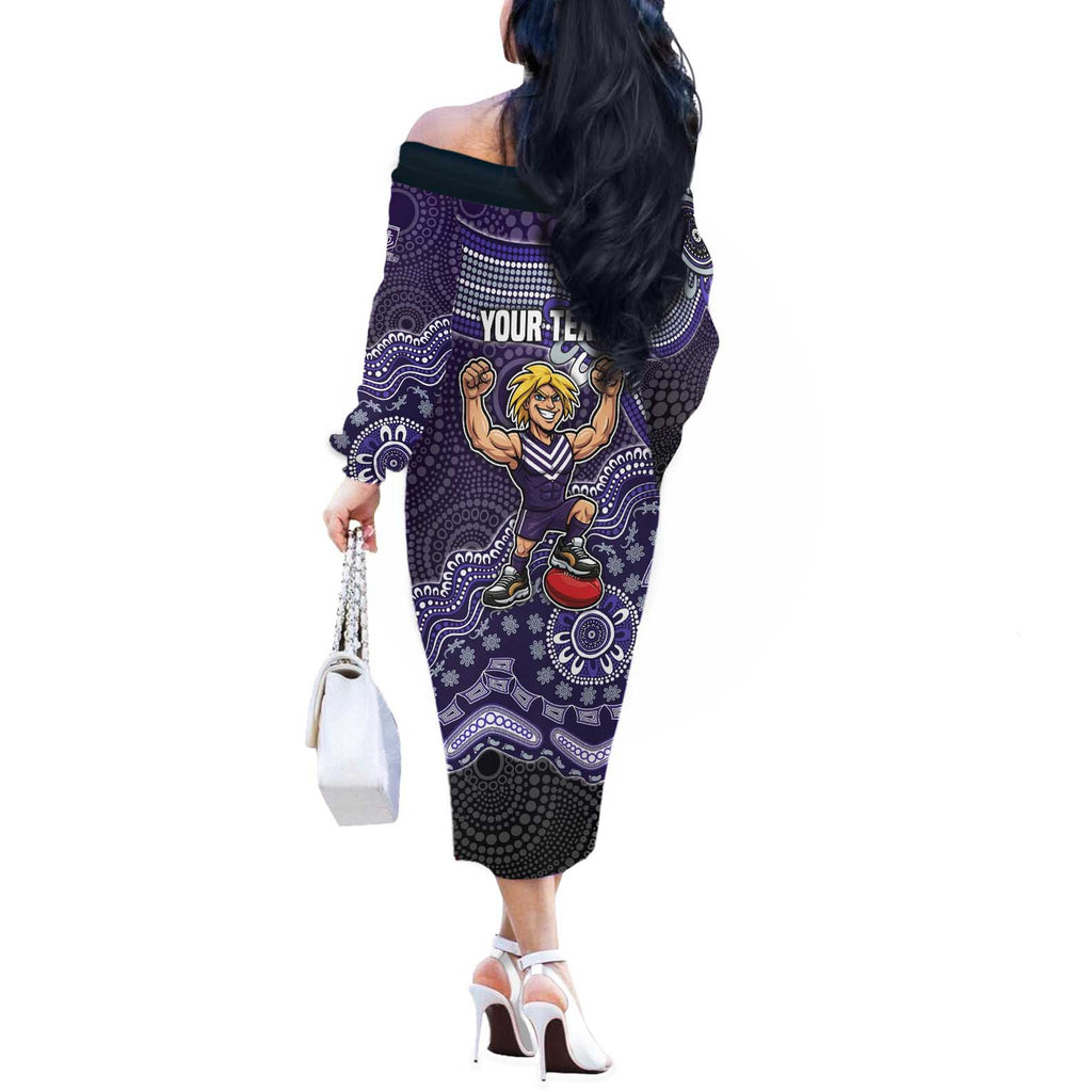 Personalized Freo Football Mascot Off The Shoulder Long Sleeve Dress Aboriginal Dot Art Style Vibrant Indigenous Pattern Design
