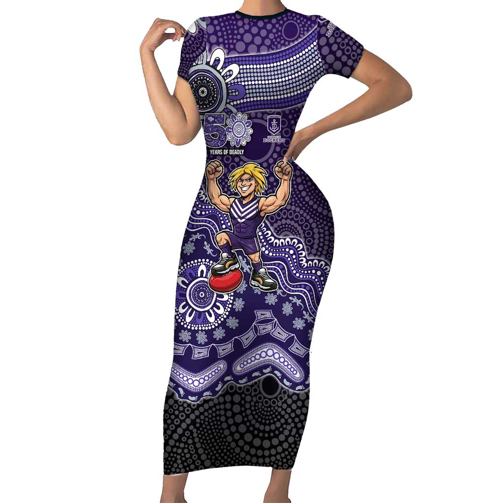 Personalized Freo Football Mascot Short Sleeve Bodycon Dress Aboriginal Dot Art Style Vibrant Indigenous Pattern Design