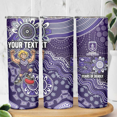 Personalized Freo Football Mascot Skinny Tumbler Aboriginal Dot Art Style Vibrant Indigenous Pattern Design