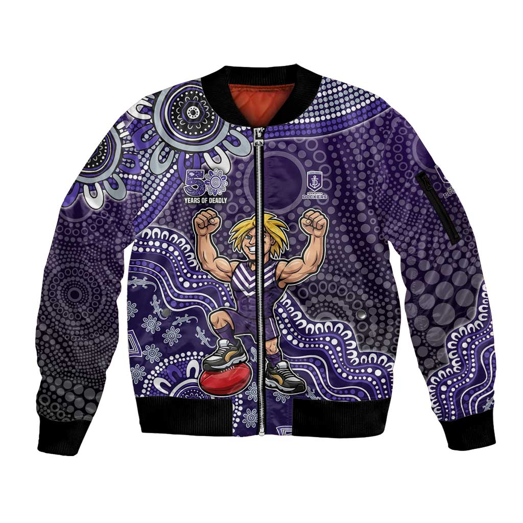 Personalized Freo Football Mascot Sleeve Zip Bomber Jacket Aboriginal Dot Art Style Vibrant Indigenous Pattern Design