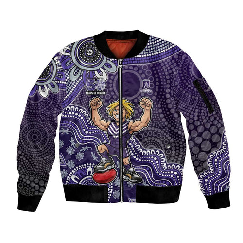 Personalized Freo Football Mascot Sleeve Zip Bomber Jacket Aboriginal Dot Art Style Vibrant Indigenous Pattern Design
