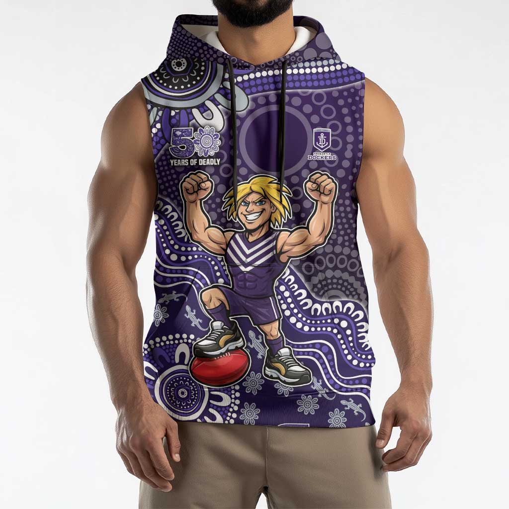 Personalized Freo Football Mascot Sleeveless Hoodie Aboriginal Dot Art Style Vibrant Indigenous Pattern Design