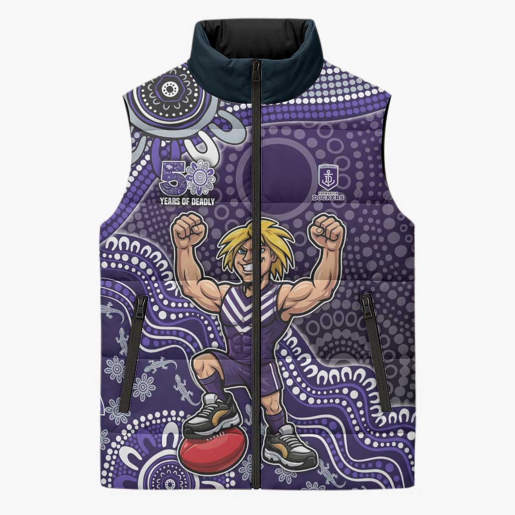 Personalized Freo Football Mascot Sleeveless Puffer Jacket Aboriginal Dot Art Style Vibrant Indigenous Pattern Design
