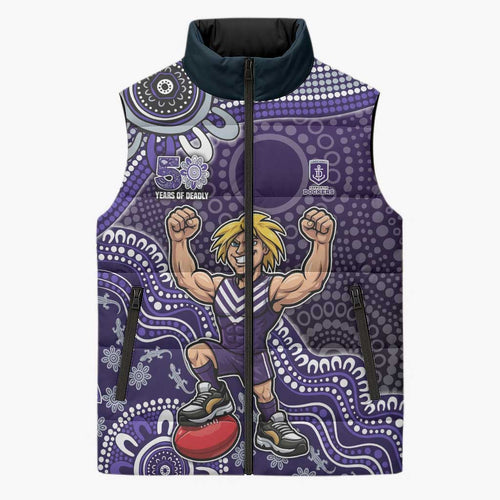 Personalized Freo Football Mascot Sleeveless Puffer Jacket Aboriginal Dot Art Style Vibrant Indigenous Pattern Design