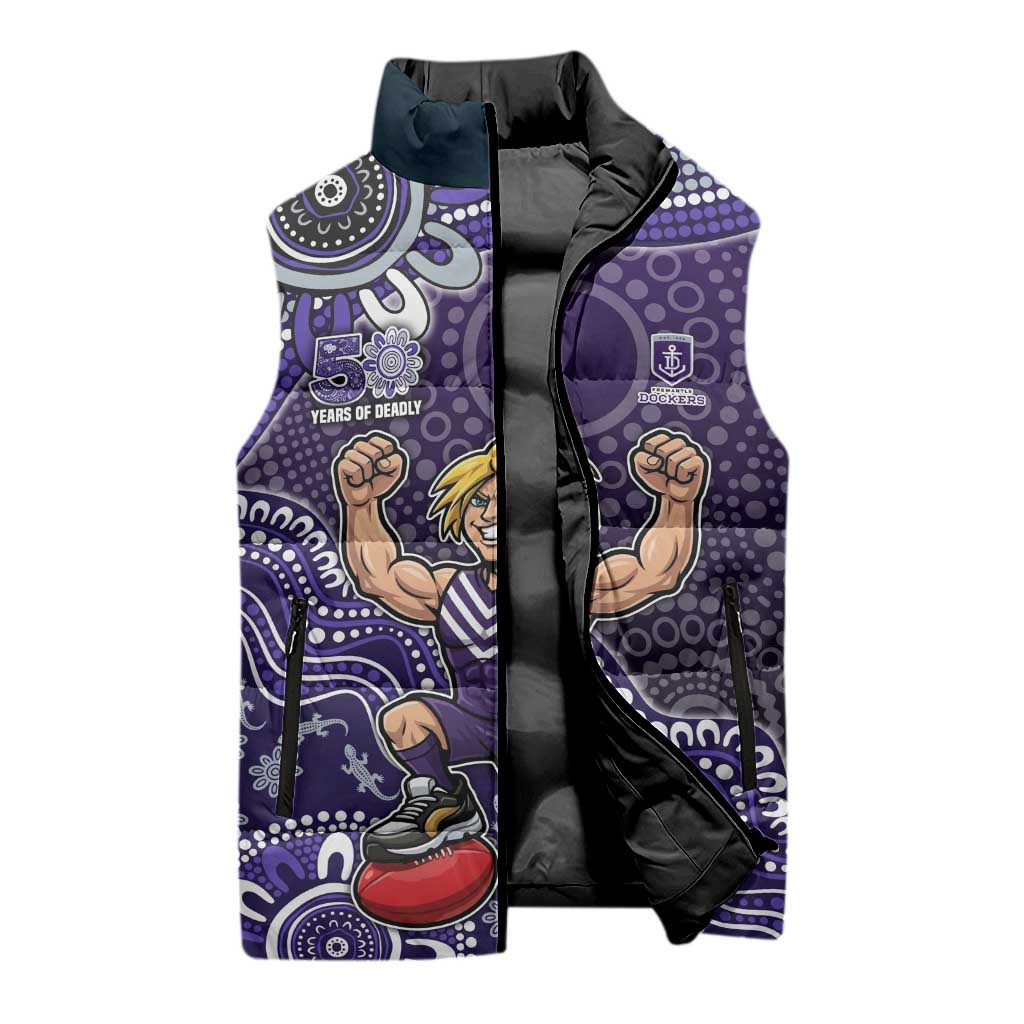Personalized Freo Football Mascot Sleeveless Puffer Jacket Aboriginal Dot Art Style Vibrant Indigenous Pattern Design