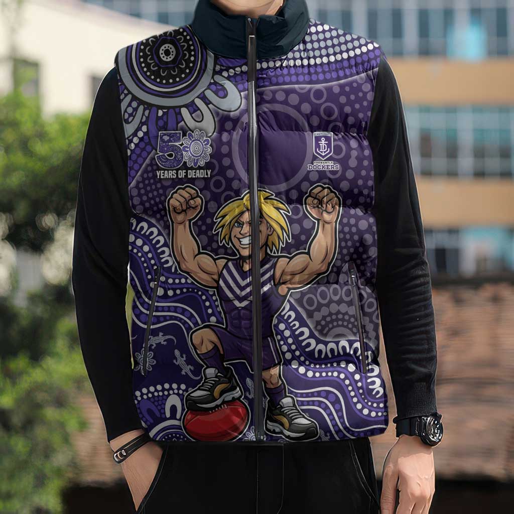 Personalized Freo Football Mascot Sleeveless Puffer Jacket Aboriginal Dot Art Style Vibrant Indigenous Pattern Design