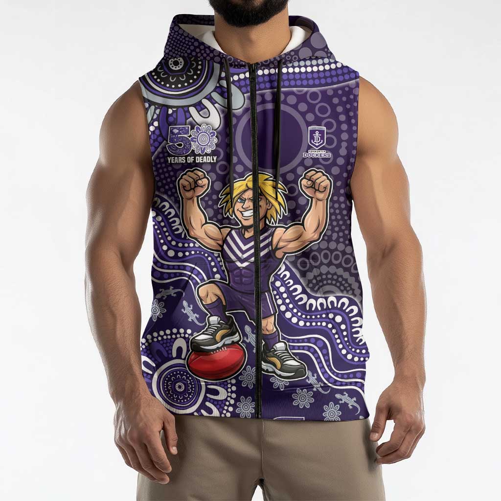 Personalized Freo Football Mascot Sleeveless Zip Hoodie Aboriginal Dot Art Style Vibrant Indigenous Pattern Design